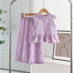 Blue and White Grid Fresh Casual Girls' Clothing Lace Sleeveless Single Breasted Vest+wide Leg Pants Two-piece Set for Summer