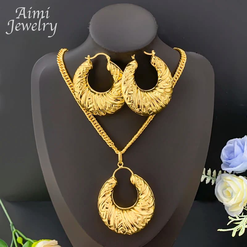 Popular African 18K Gold Plated Copper Jewelry Set for Women Earrings Pendant Necklace Brazilian Bridal Wedding Party Gifts