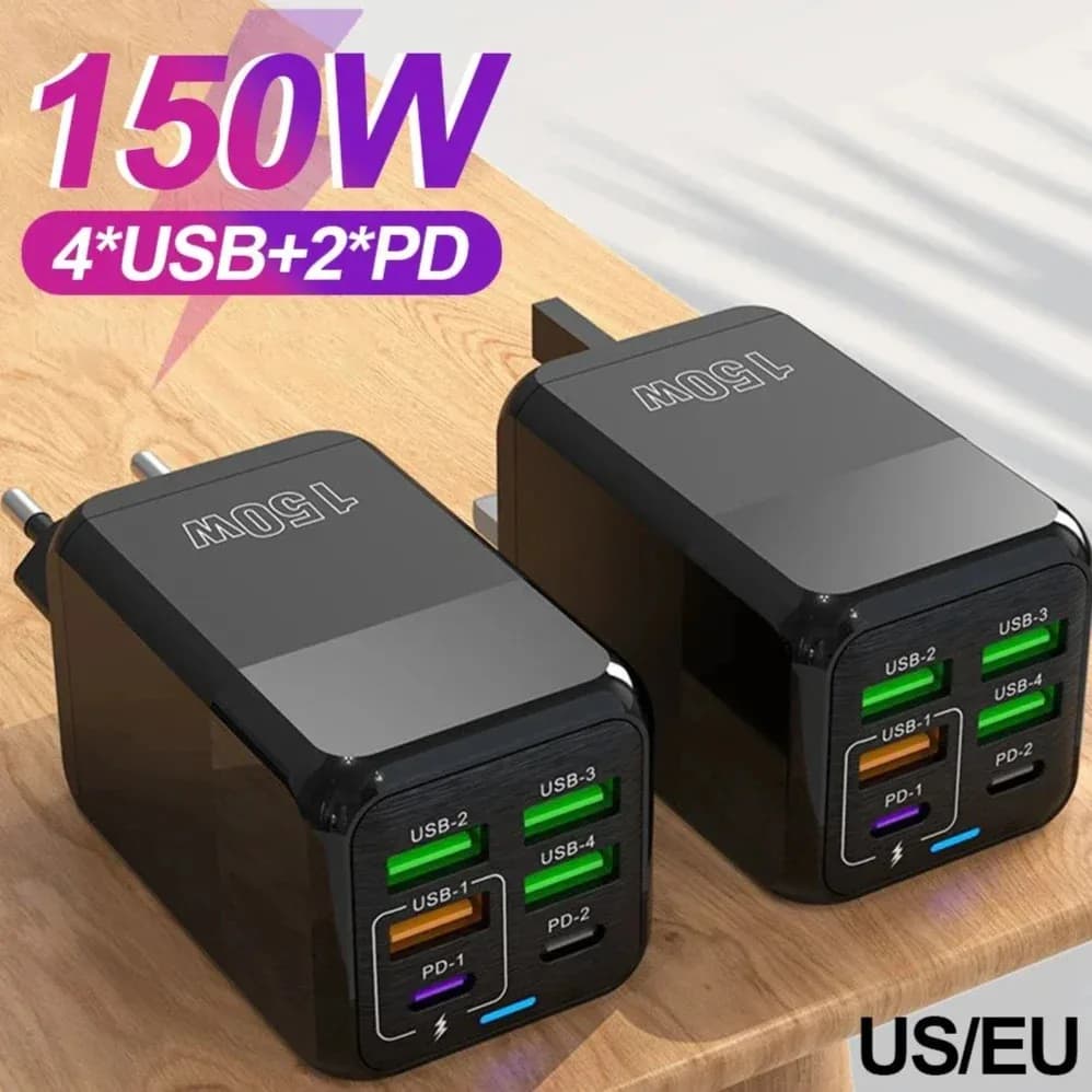150W 6-Port PD QC3.0 USB C Wall Charger Super Fast Charging Station For iPhone 15 16 Pro Samsung S24 iPad Xiaomi Huawei OnePlus