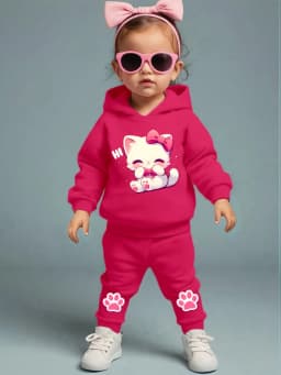 Cute Cartoon Cat Pattern Long Sleeve Fleece Romper + Casual Sports Pants Set for Baby Girls Spring Autumn Gift