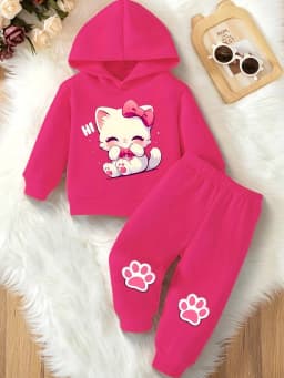 Cute Cartoon Cat Pattern Long Sleeve Fleece Romper + Casual Sports Pants Set for Baby Girls Spring Autumn Gift
