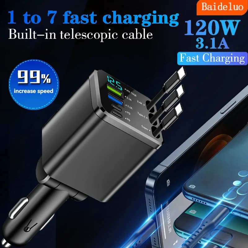 7-IN-1 Retractable Car Charger USB C Cable For IPhone Huawei Samsung Fast Charge Cigarette Lighter Adapter Type C USB Charger