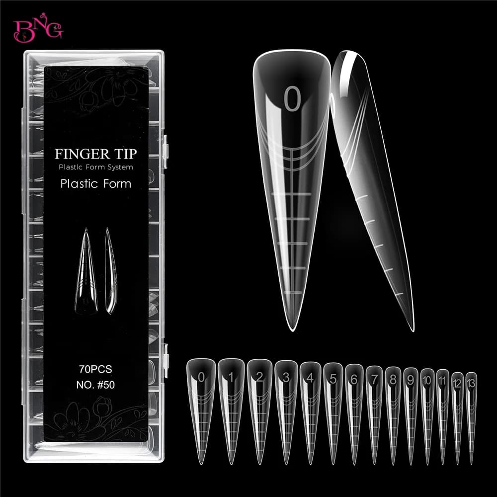 BNG 70Pcs Extra Long Dual Forms Stiletto 4XL Reusable Full Cover Acrylic Builder Solid Hard Gel Extension Nail Molds