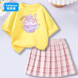 Lolocee Summer Girls' 2 Piece Set,Short Sleeve Fresh Drink & Bunny Print Top + Pink Plaid Skirt Outfit,Trendy Children's Fashion