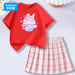 Lolocee Summer Girls' 2 Piece Set,Short Sleeve Fresh Drink & Bunny Print Top + Pink Plaid Skirt Outfit,Trendy Children's Fashion