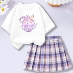 Lolocee Summer Girls' 2 Piece Set,Short Sleeve Fresh Drink & Bunny Print Top + Pink Plaid Skirt Outfit,Trendy Children's Fashion