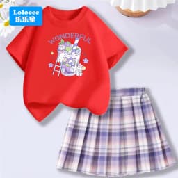 Lolocee Summer Girls' 2 Piece Set,Short Sleeve Fresh Drink & Bunny Print Top + Pink Plaid Skirt Outfit,Trendy Children's Fashion