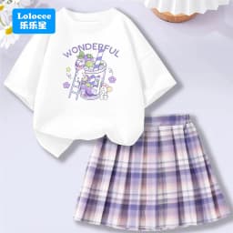 Lolocee Summer Girls' 2 Piece Set,Short Sleeve Fresh Drink & Bunny Print Top + Pink Plaid Skirt Outfit,Trendy Children's Fashion