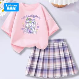 Lolocee Summer Girls' 2 Piece Set,Short Sleeve Fresh Drink & Bunny Print Top + Pink Plaid Skirt Outfit,Trendy Children's Fashion