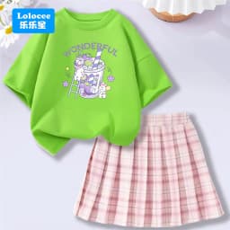 Lolocee Summer Girls' 2 Piece Set,Short Sleeve Fresh Drink & Bunny Print Top + Pink Plaid Skirt Outfit,Trendy Children's Fashion
