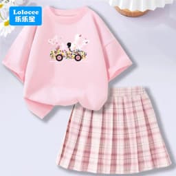 Lolocee Summer Girls' 2 Piece Set,Short Sleeve Fresh Drink & Bunny Print Top + Pink Plaid Skirt Outfit,Trendy Children's Fashion