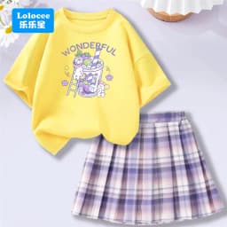 Lolocee Summer Girls' 2 Piece Set,Short Sleeve Fresh Drink & Bunny Print Top + Pink Plaid Skirt Outfit,Trendy Children's Fashion