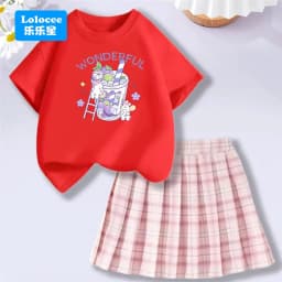 Lolocee Summer Girls' 2 Piece Set,Short Sleeve Fresh Drink & Bunny Print Top + Pink Plaid Skirt Outfit,Trendy Children's Fashion