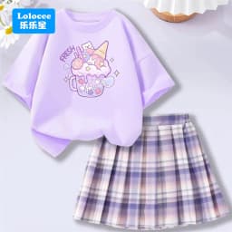 Lolocee Summer Girls' 2 Piece Set,Short Sleeve Fresh Drink & Bunny Print Top + Pink Plaid Skirt Outfit,Trendy Children's Fashion