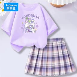 Lolocee Summer Girls' 2 Piece Set,Short Sleeve Fresh Drink & Bunny Print Top + Pink Plaid Skirt Outfit,Trendy Children's Fashion