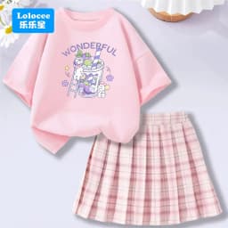 Lolocee Summer Girls' 2 Piece Set,Short Sleeve Fresh Drink & Bunny Print Top + Pink Plaid Skirt Outfit,Trendy Children's Fashion