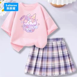 Lolocee Summer Girls' 2 Piece Set,Short Sleeve Fresh Drink & Bunny Print Top + Pink Plaid Skirt Outfit,Trendy Children's Fashion