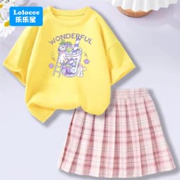 Lolocee Summer Girls' 2 Piece Set,Short Sleeve Fresh Drink & Bunny Print Top + Pink Plaid Skirt Outfit,Trendy Children's Fashion