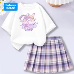 Lolocee Summer Girls' 2 Piece Set,Short Sleeve Fresh Drink & Bunny Print Top + Pink Plaid Skirt Outfit,Trendy Children's Fashion