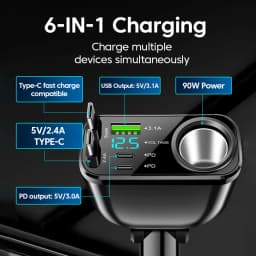 150W Car Charger With 70CM Retractable Dual Type C Cable Fast Charging 6-in-1 Car Phone Charger for iphone Samsung Huawei Xiaomi