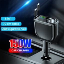 150W Car Charger With 70CM Retractable Dual Type C Cable Fast Charging 6-in-1 Car Phone Charger for iphone Samsung Huawei Xiaomi