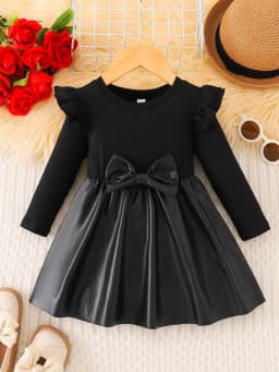 Spring/Autumn Baby Girls' Round-Neck Dress with Bow Decor and Leather Patchwork Long-Sleeved Casual Dress