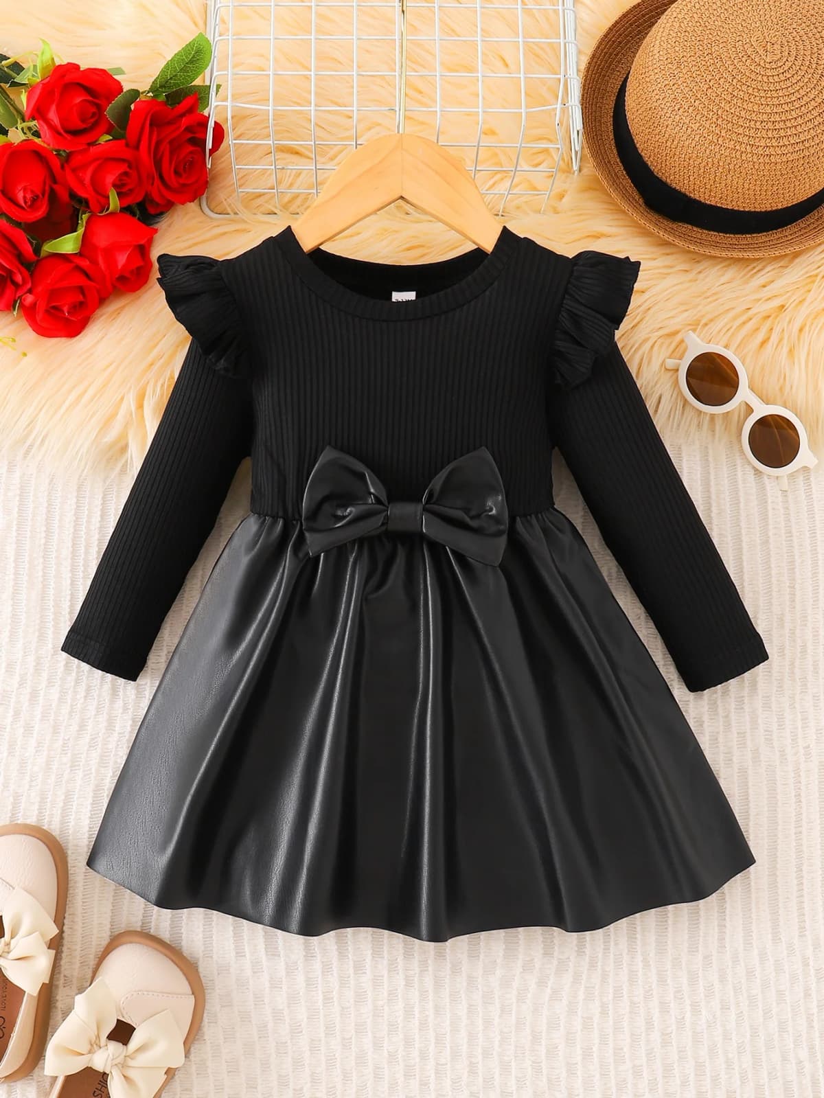 Spring/Autumn Baby Girls' Round-Neck Dress with Bow Decor and Leather Patchwork Long-Sleeved Casual Dress
