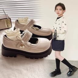 Bright Skin Girls Black School Shoes Princess PU Leather Soft Kids Flats Mary Janes for Wedding Party with Pearl Pendant Sweet