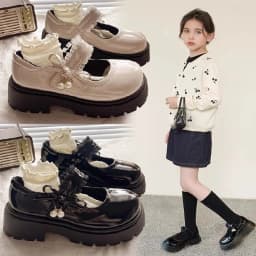 Bright Skin Girls Black School Shoes Princess PU Leather Soft Kids Flats Mary Janes for Wedding Party with Pearl Pendant Sweet