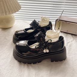 Bright Skin Girls Black School Shoes Princess PU Leather Soft Kids Flats Mary Janes for Wedding Party with Pearl Pendant Sweet