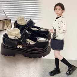 Bright Skin Girls Black School Shoes Princess PU Leather Soft Kids Flats Mary Janes for Wedding Party with Pearl Pendant Sweet