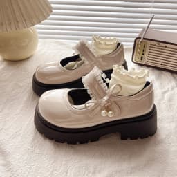 Bright Skin Girls Black School Shoes Princess PU Leather Soft Kids Flats Mary Janes for Wedding Party with Pearl Pendant Sweet