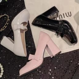 New pink pointed-toe high-heeled shoes Women's 2026 spring sweet and fashionable bow-shaped open-toe thick-soled Mary Jane shoes