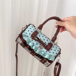 Korean Bow Polka Dot Bag Fashion Bowler Bag Color-blocked Lace Y2k Style Handbag Retro Sweet Plaid Crossbody Zipper Shoulder Bag