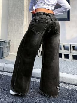 Girls Y2K Washed Fabric Five-Star Pattern Patchwork Denim Straight-Leg Pants Versatile Trendy All-Seasons.Full elastic waistband