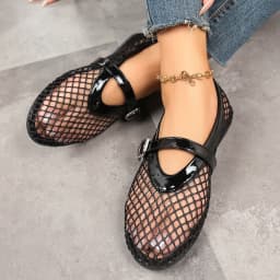 Mesh Black Ballet Shoes Female 2026 Summer New Flat Hollow Mesh Breathable Buckle Strap Single Shoes Fishnet Shoes Woman Sandals
