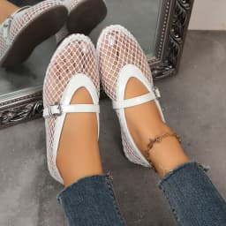 Mesh Black Ballet Shoes Female 2026 Summer New Flat Hollow Mesh Breathable Buckle Strap Single Shoes Fishnet Shoes Woman Sandals