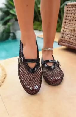 Mesh Black Ballet Shoes Female 2026 Summer New Flat Hollow Mesh Breathable Buckle Strap Single Shoes Fishnet Shoes Woman Sandals