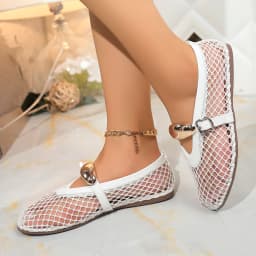 Mesh Black Ballet Shoes Female 2026 Summer New Flat Hollow Mesh Breathable Buckle Strap Single Shoes Fishnet Shoes Woman Sandals