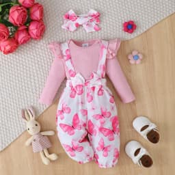 3Pcs Baby Girl Set Flying Sleeve Pit Strip jumpsuit+Printed Strap Pants+Headband Set 0-24 Months Baby Girl Spring Autumn Set