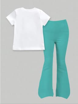 Fresh Mint Green Short-Sleeve Letter-Number Outfit for Girls Aged 4-12, with White Short-Sleeve Top and Mint Green "67 Six Seven" Letter-Number Print on Bell-Bottom Pants
