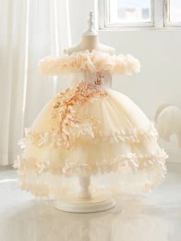 New Children's Dress Shoulder Birthday Party Princess Dress Solid Color Wedding Dress Holiday Dress Three-Dimensional Flowers