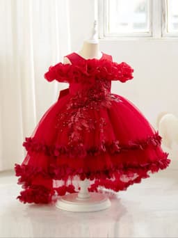 New Children's Dress Shoulder Birthday Party Princess Dress Solid Color Wedding Dress Holiday Dress Three-Dimensional Flowers