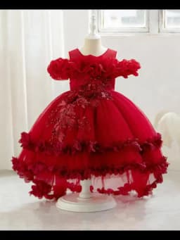 New Children's Dress Shoulder Birthday Party Princess Dress Solid Color Wedding Dress Holiday Dress Three-Dimensional Flowers