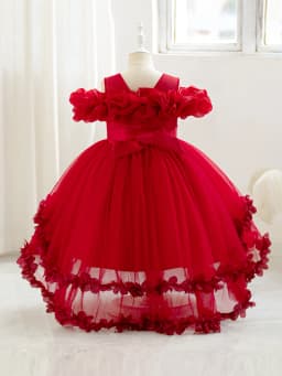 New Children's Dress Shoulder Birthday Party Princess Dress Solid Color Wedding Dress Holiday Dress Three-Dimensional Flowers