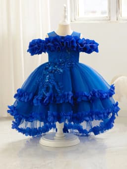 New Children's Dress Shoulder Birthday Party Princess Dress Solid Color Wedding Dress Holiday Dress Three-Dimensional Flowers