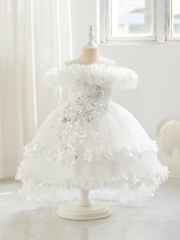 New Children's Dress Shoulder Birthday Party Princess Dress Solid Color Wedding Dress Holiday Dress Three-Dimensional Flowers