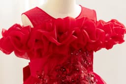 New Children's Dress Shoulder Birthday Party Princess Dress Solid Color Wedding Dress Holiday Dress Three-Dimensional Flowers