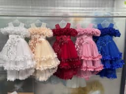 New Children's Dress Shoulder Birthday Party Princess Dress Solid Color Wedding Dress Holiday Dress Three-Dimensional Flowers