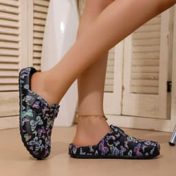 New Women's Wedge-Heel Slip-On Slippers Black Butterfly Print EVA Slippers Casual Comfort for Everyday Wear Versatile Home Slipp